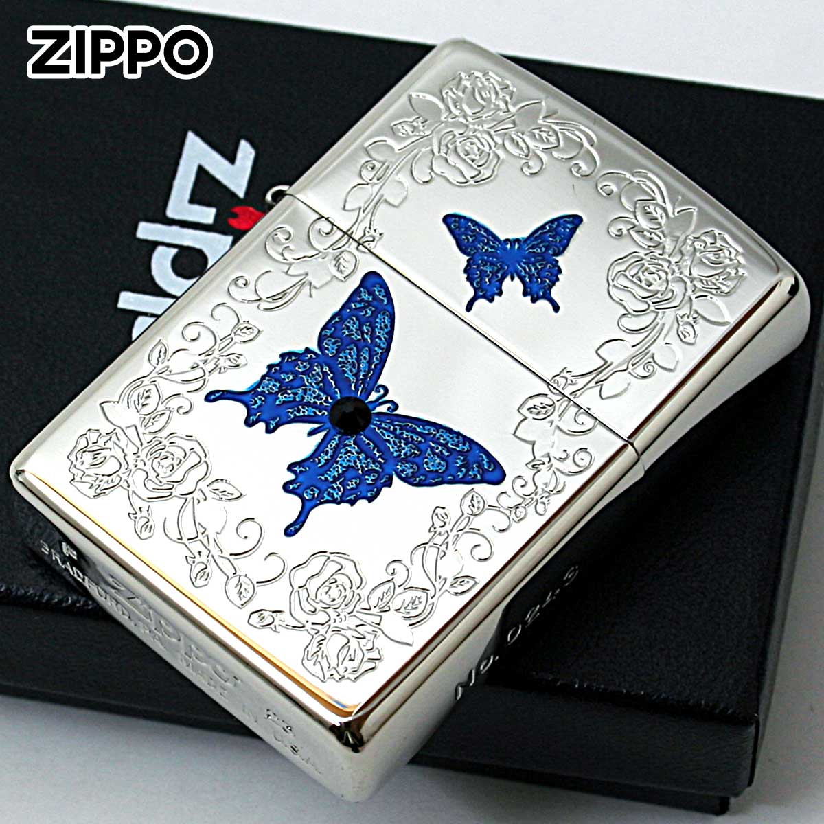 Zippo �W�b�|���C�^�[ ���X �o�^�t���C �u���[ �z���C�g�j�b�P�� Blue Butterfly White Nickel �V���A���ԍ� White Nickel ���[���֐�p���i
