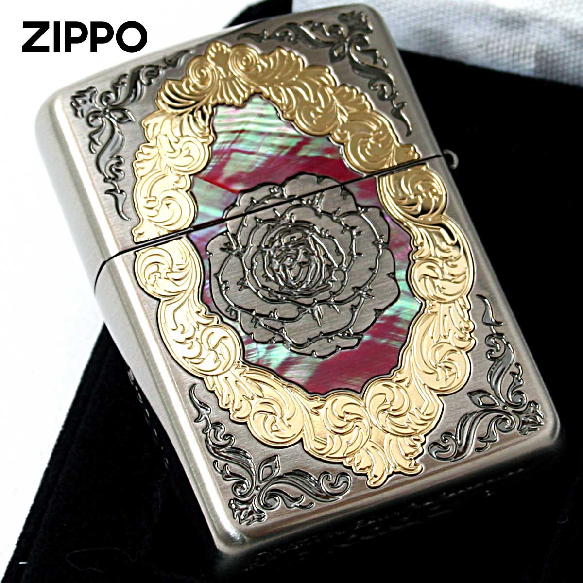 Zippo ジッポライター アーマー シェル 貝 インレイ 象嵌 蝶々 バタフライ レッド ARMOR Butterfly and Rose Antique Nickel シリアル番号 RD メール便専用商品の画像