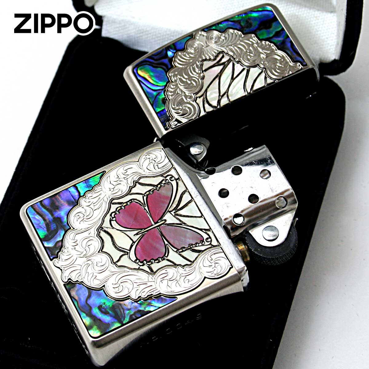 Zippo ジッポライター アーマー シェル 貝 インレイ 象嵌 蝶々 バタフライ レッド ARMOR Butterfly and Rose Antique Nickel シリアル番号 RD メール便専用商品の画像