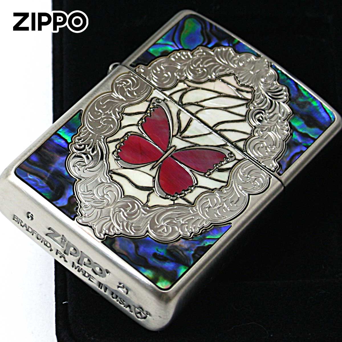 Zippo ジッポライター アーマー シェル 貝 インレイ 象嵌 蝶々 バタフライ レッド ARMOR Butterfly and Rose Antique Nickel シリアル番号 RD メール便専用商品の画像