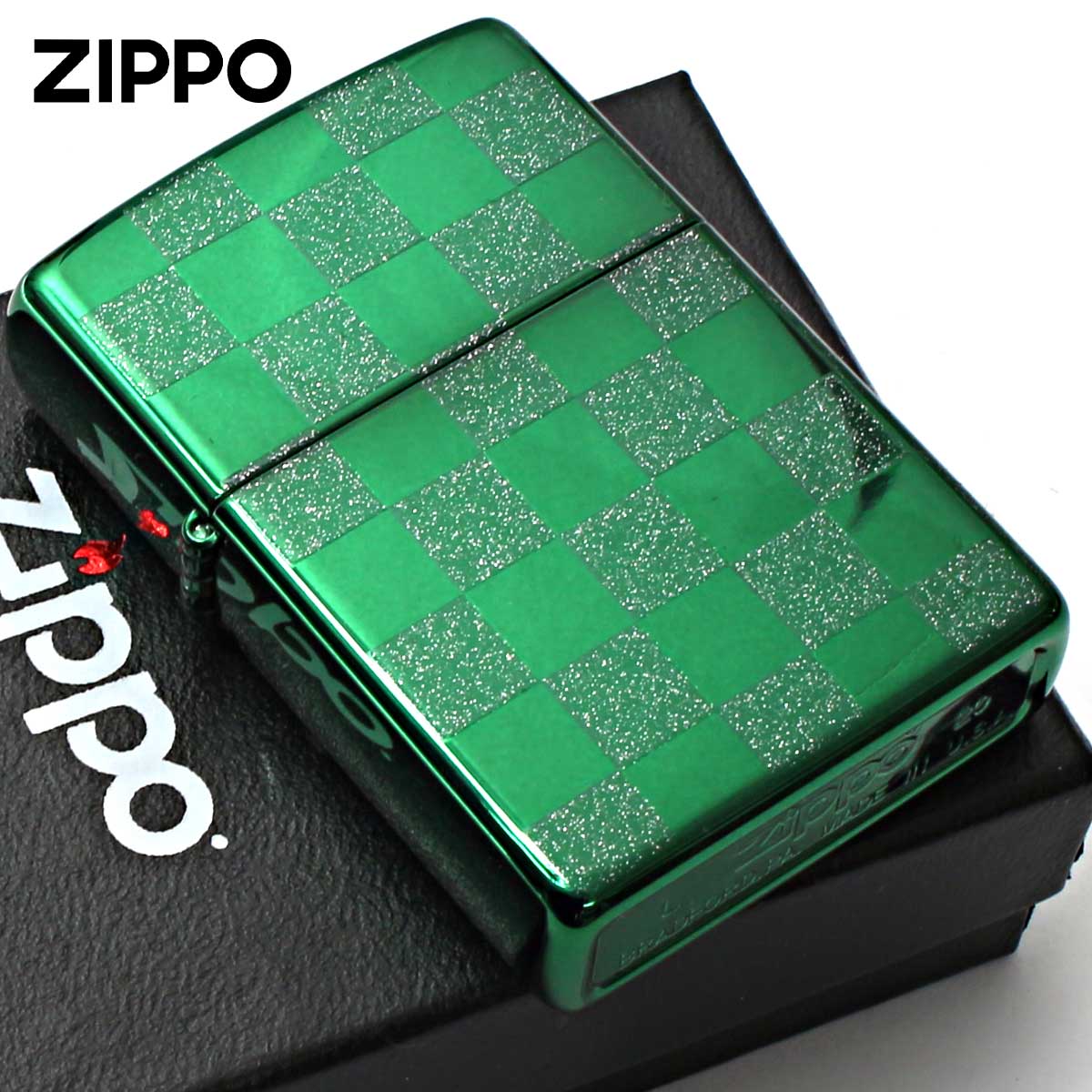 Zippo �W�b�|���C�^�[ �`�F�b�N ���� �􉽊w�͗l ���ʉ��H �O���[�� �W�I���g���b�N GEOMETRIC CHECK 25CK-GR ���[���֐�p���i