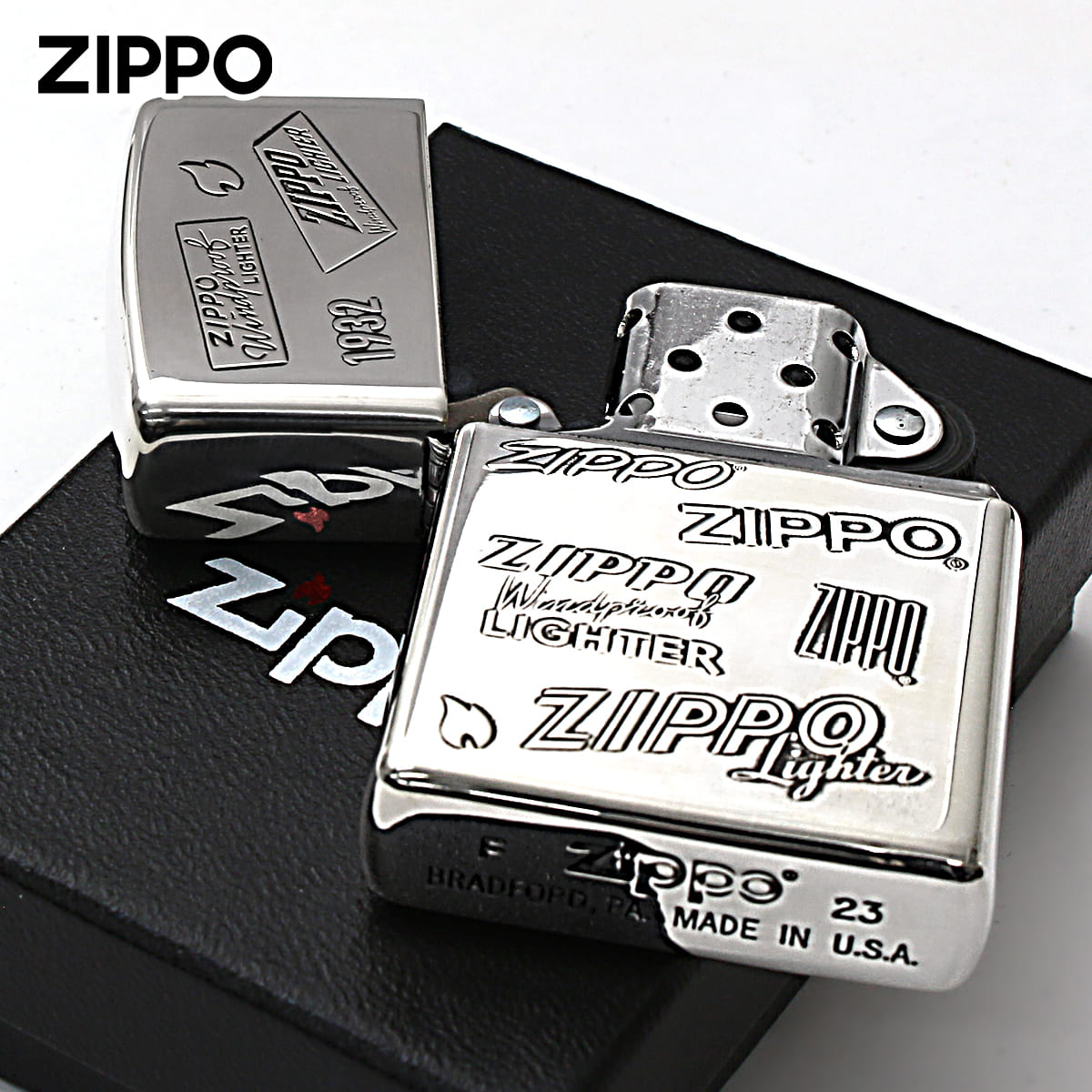 未使用ZIPPO　ジッポー　銀メッキ　両面加工 ZIPPO（ジッポー） ジッポライター 歴代 ロゴ 両面加工 銀メッキいぶし