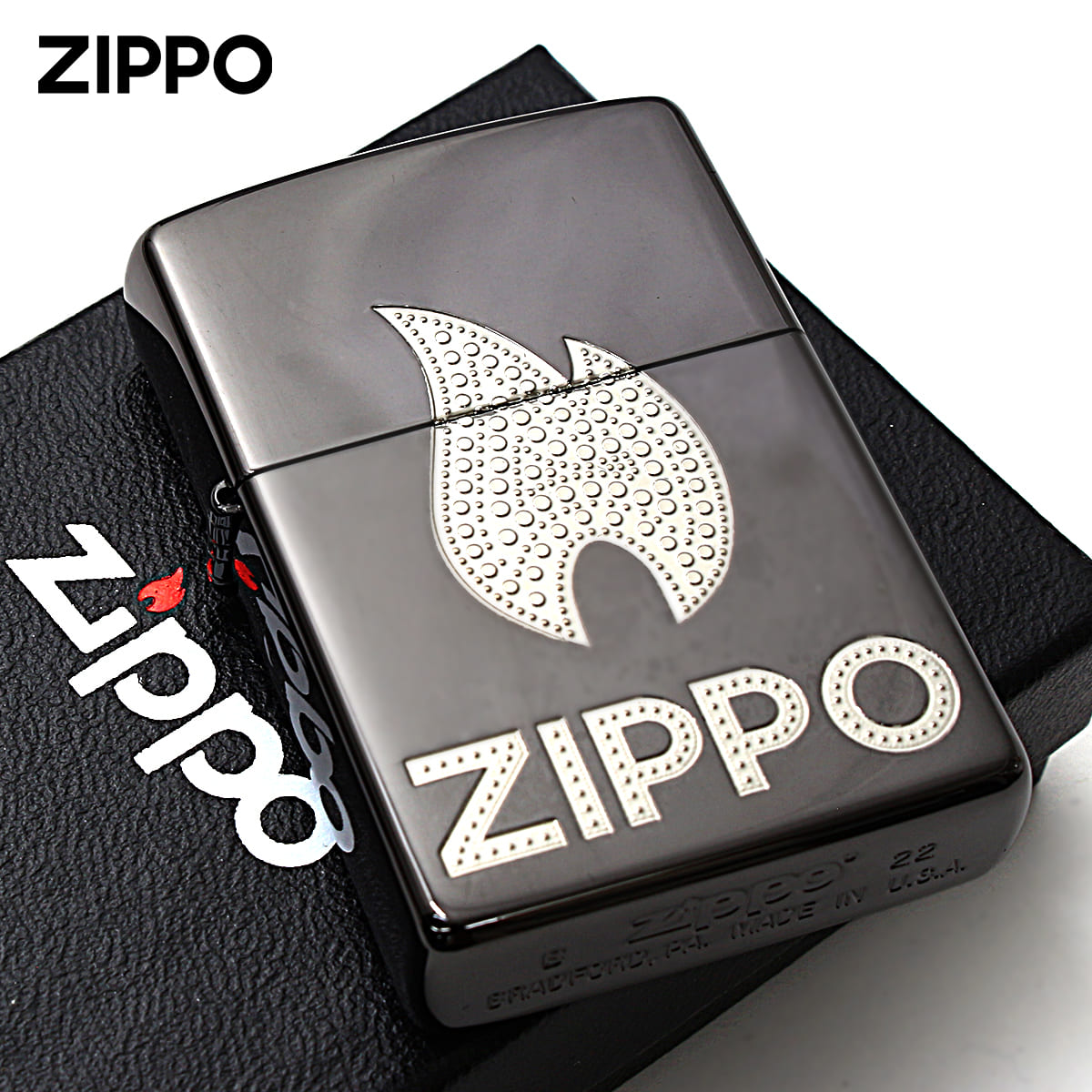 Zippo �W�b�|���C�^�[ �� �A�C�R���t���[�� �W�b�| ���S �u���b�N�j�b�P�� ��T�V ZIPPO LOGO Flame Gold 2BKS-Z ���[���֐�p���i