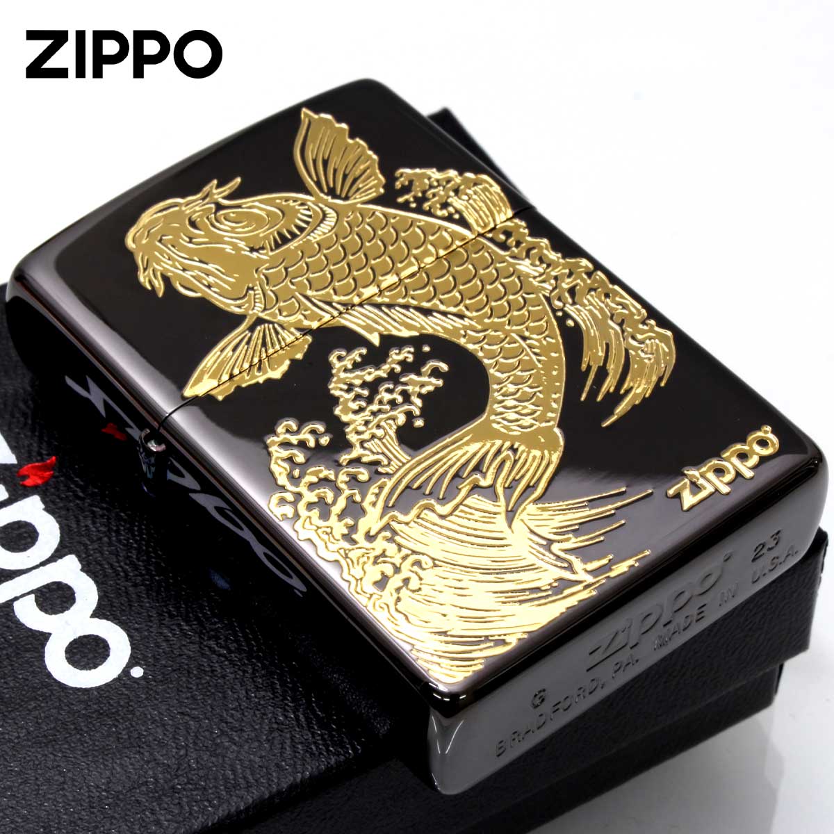 ☆新品未使用☆鯉魚躍龍門 Zippo 真鍮製 ライター ジッポー オイルライター ZIPPO（ジッポー） ジッポライター 鯉 カープ CARP ブラック 2BKG-CARP