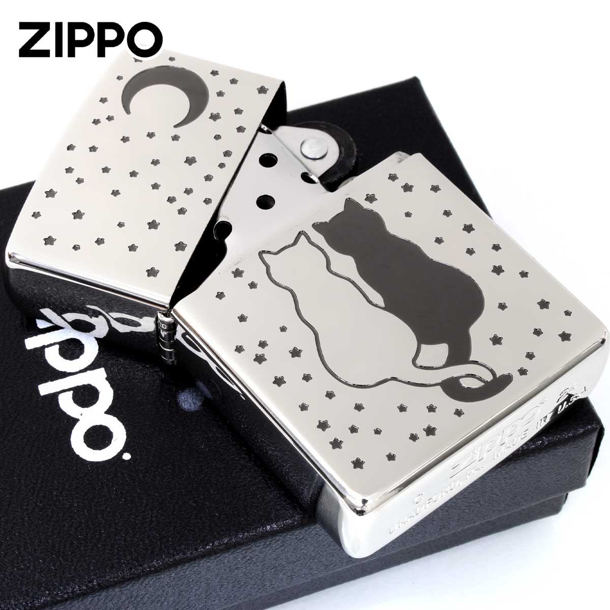 Soppo Cat ZIPPO Zippo ジッポライター ネコ 猫 月夜 Cat Moon シルエット シルバー 2SBK-TCATS メール便専用商品 ...