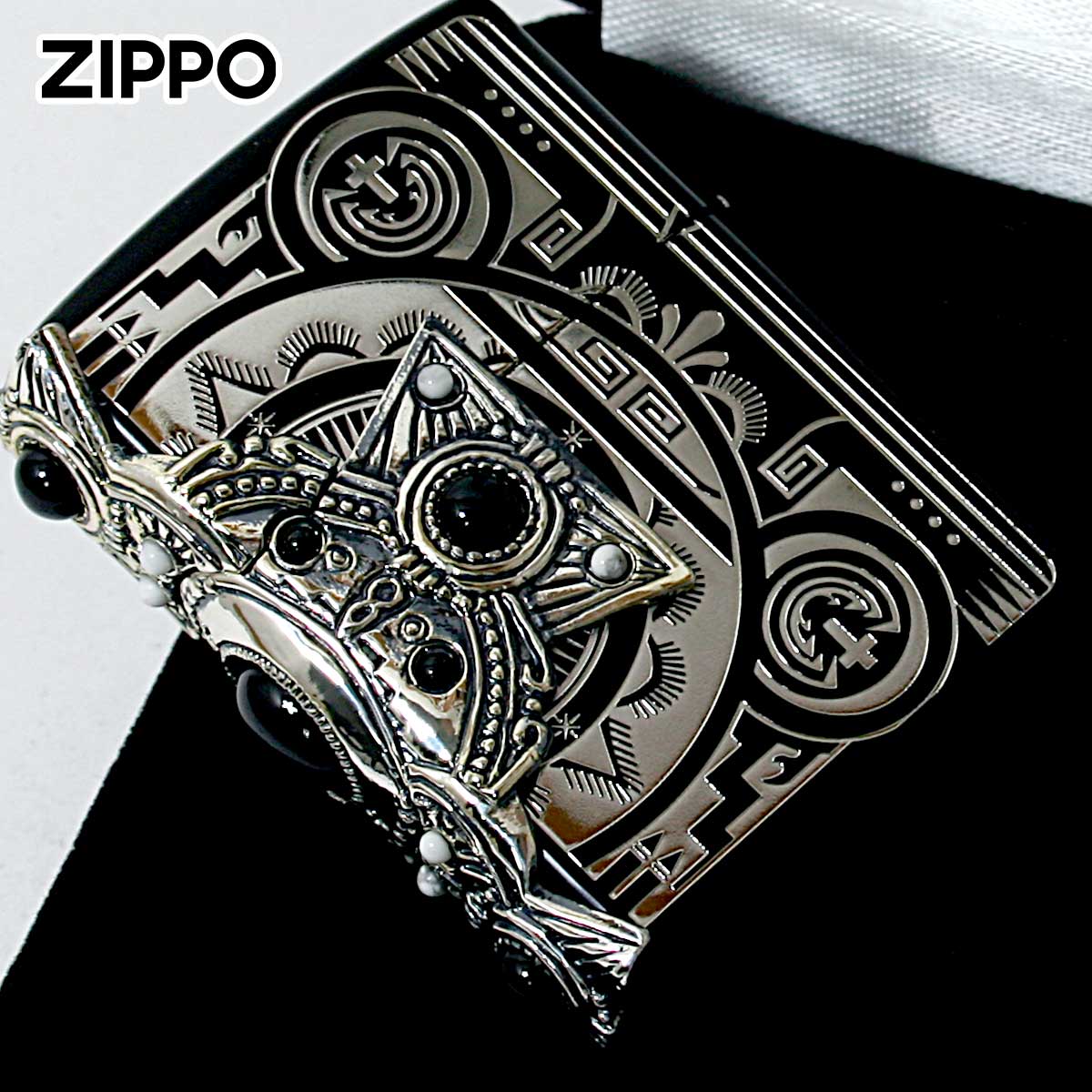 Zippo ジッポライター ネイティブアメリカン クロス 十字架 Cross オニキス ハウライト 天然石 インディアン スピリット イオンブラックメール便専用商品の画像