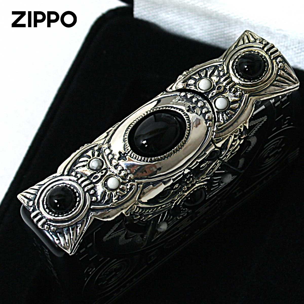 Zippo ジッポライター ネイティブアメリカン クロス 十字架 Cross オニキス ハウライト 天然石 インディアン スピリット イオンブラックメール便専用商品の画像