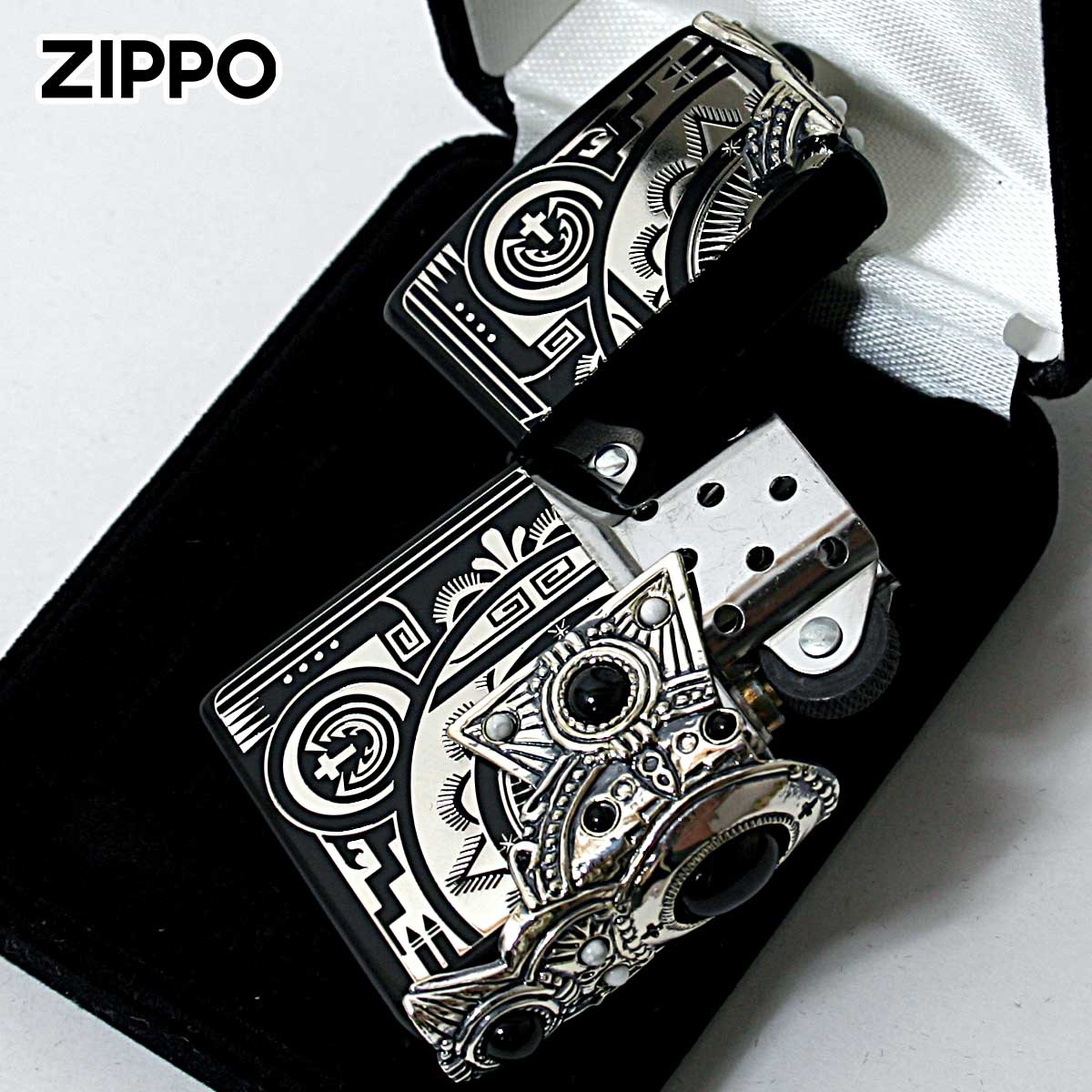 Zippo ジッポライター ネイティブアメリカン クロス 十字架 Cross オニキス ハウライト 天然石 インディアン スピリット イオンブラックメール便専用商品の画像