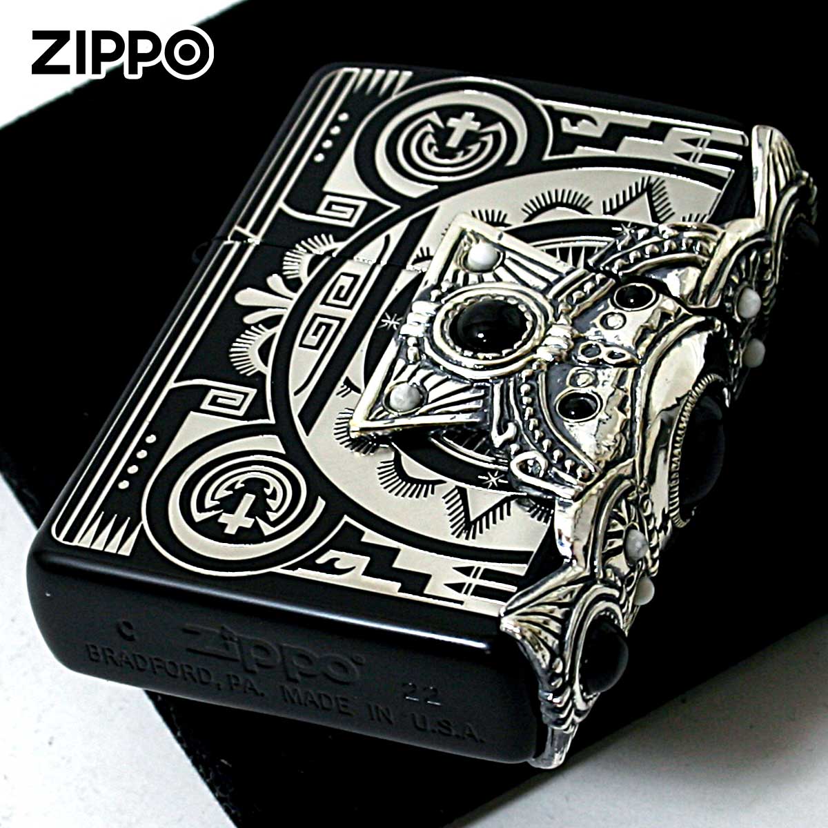 Zippo ジッポライター ネイティブアメリカン クロス 十字架 Cross オニキス ハウライト 天然石 インディアン スピリット イオンブラックメール便専用商品の画像