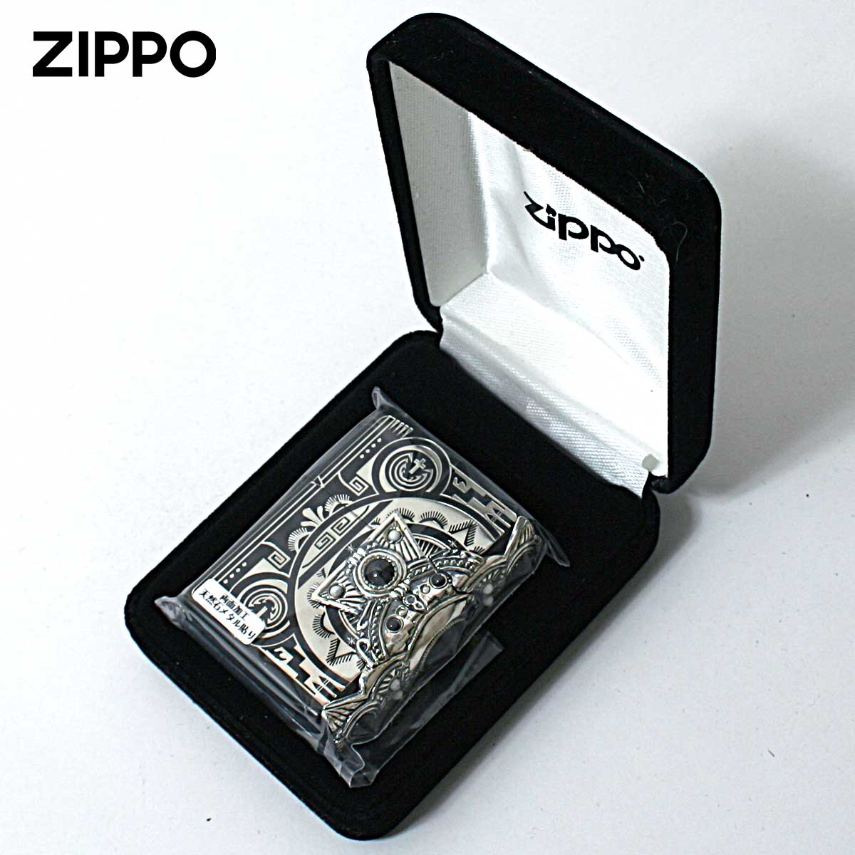 Zippo ジッポライター ネイティブアメリカン クロス 十字架 Cross オニキス ハウライト 天然石 インディアン スピリット イオンブラックメール便専用商品の画像