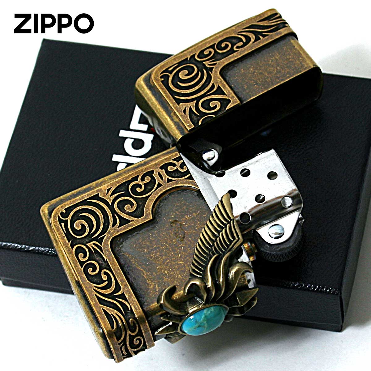 ZIPPO（ジッポー） ジッポライター ターコイズ 天然石 ウイング 羽 3面 
