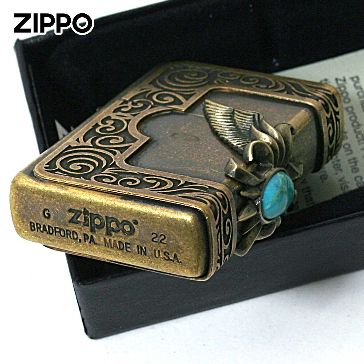 ZIPPO（ジッポー） ジッポライター ターコイズ 天然石 ウイング 羽 3面 