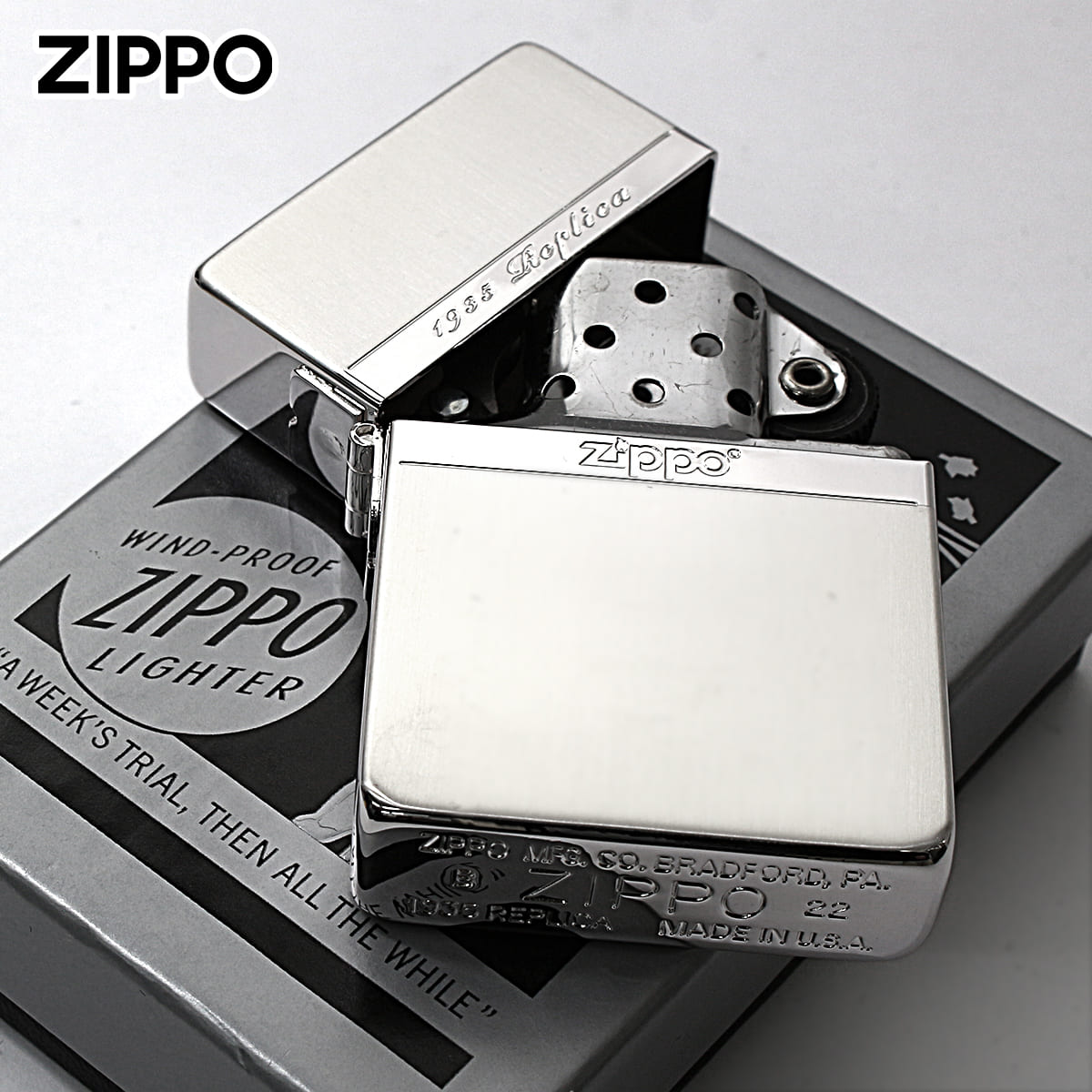 レプリカ Zippo ジッポライター 1935レプリカ ミラーライン 銀メッキ