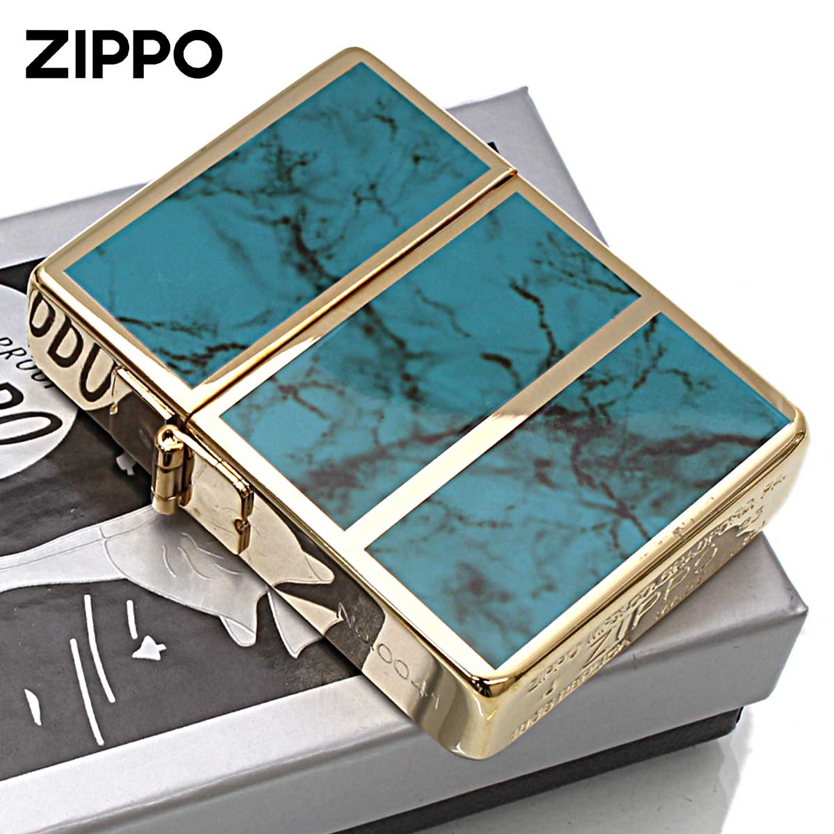 Zippo 1935 Replica ターコイズ付き　手彫り　唐草 レプリカ Zippo ジッポライター 1935レプリカ マーブル 4面加工