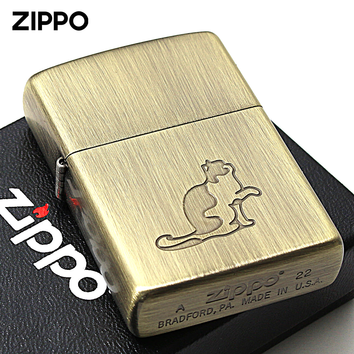 Zippo ゴールド 猫デザインライター 専用ケース付き ZIPPO（ジッポー） ジッポライター ネコ 猫 Cat Pau キャットポー BS