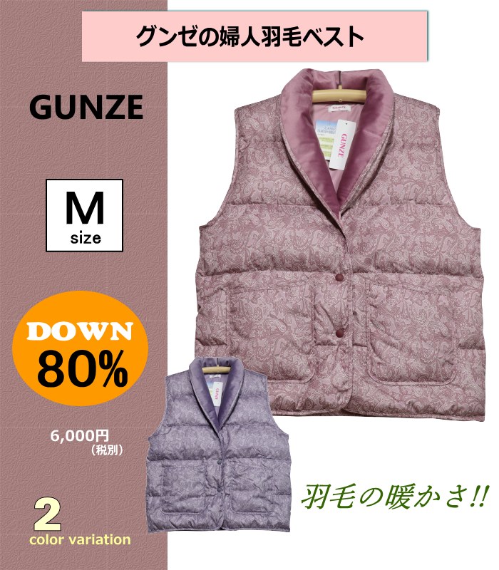 羽毛ベスト 婦人Ｍサイズ GUNZE グンゼ ダウン80％ ご家庭でお洗濯OK 前あき全開ボタンタイプ 袖なし レディース 暖か : ga0473-m  : あきし野 sleeping-shop - 通販 - Yahoo!ショッピング