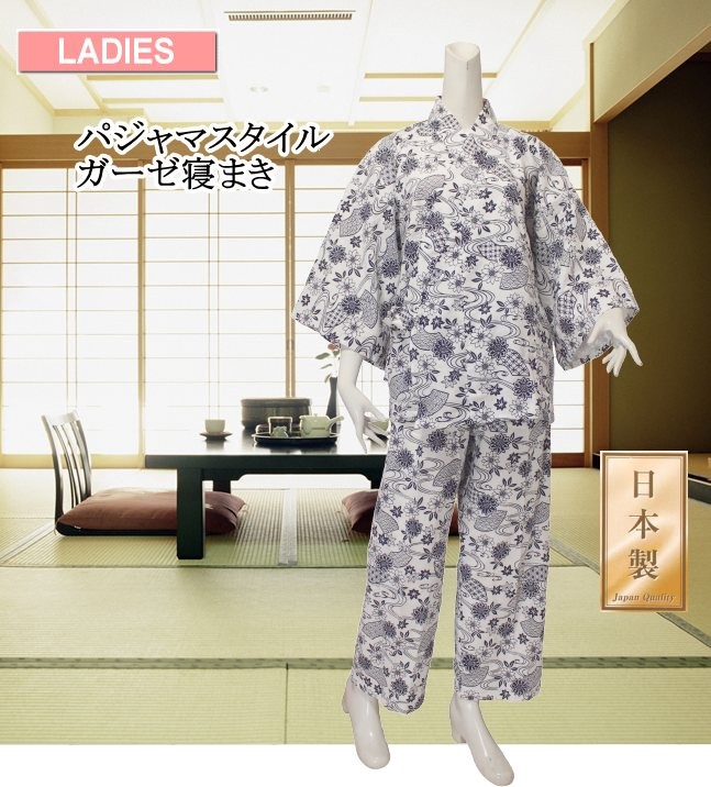 ラッピング無料 ｌサイズ 春夏 婦人 レディース パジャマ型ねまき 綿100 ２重ガーゼ素材 日本製