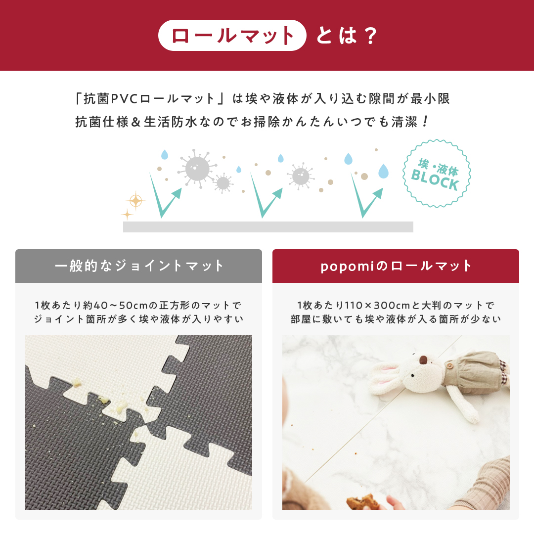 popomi 抗菌 PVC ロールマット プレイマット リビング フリーカット 110 × 300cm 冬 床暖房対応 マーブル 日本メーカー ...