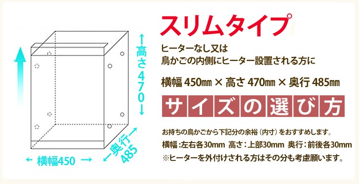 スリムタイプは、ヒーターなしの鳥籠の中にヒーターを設置される方用
