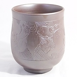 万古焼 湯のみ セット 伝統工芸士 市川祥司作 唐獅子彫 夫婦湯のみ 木