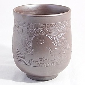 万古焼 湯のみ セット 伝統工芸士 市川祥司作 唐獅子彫 夫婦湯のみ 木