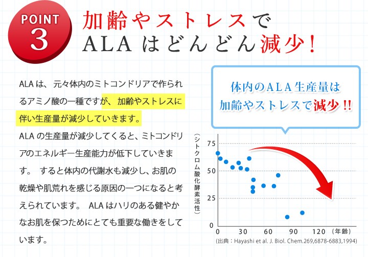 ポイント3 加齢やストレスでALAはどんどん減少！