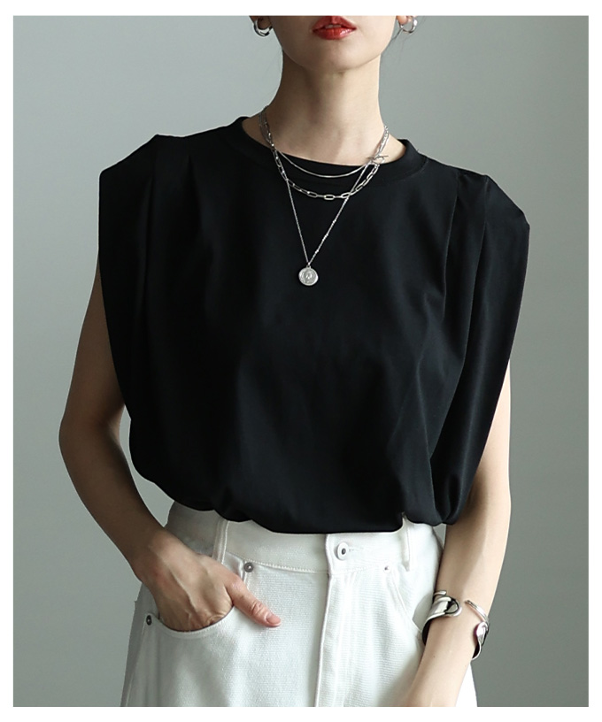 レディース トップス カットソー Tシャツ タック フレンチスリーブ 接触冷感 UVカット 黒 白 大人可愛い 大人 可愛い 30代 40代 50代 60代 サワアラモードの画像