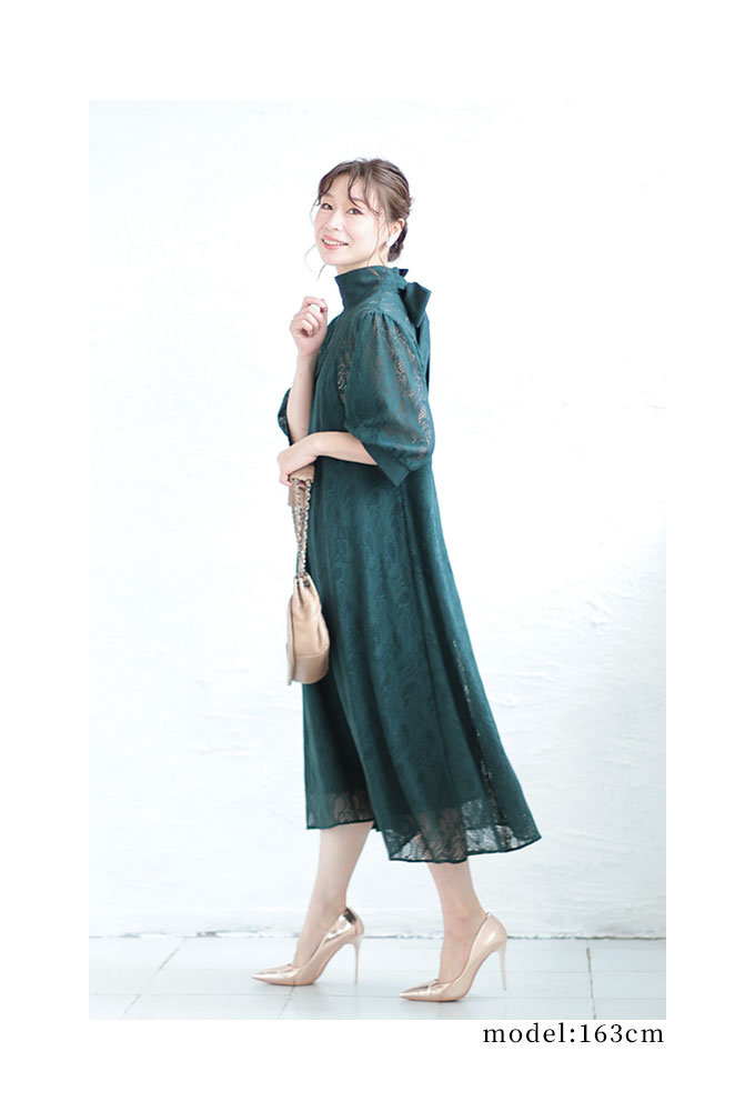 レディース ワンピース ドレス 緑 グリーン 5分袖 ミモレ丈 ワンピ 