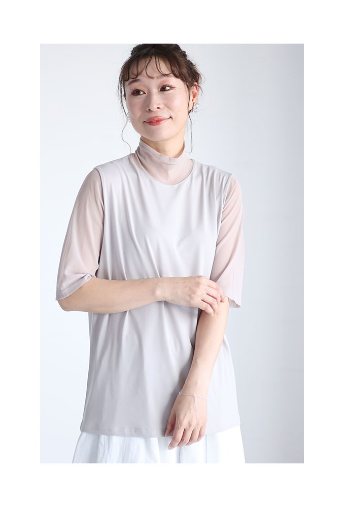 レディース トップス カットソー Tシャツ 黒 ブラック 白 ホワイト 紫 パープル ベージュ 5分袖 秋 大人可愛い 大人 可愛い 30代 40代 50代 60代 サワアラモードの画像