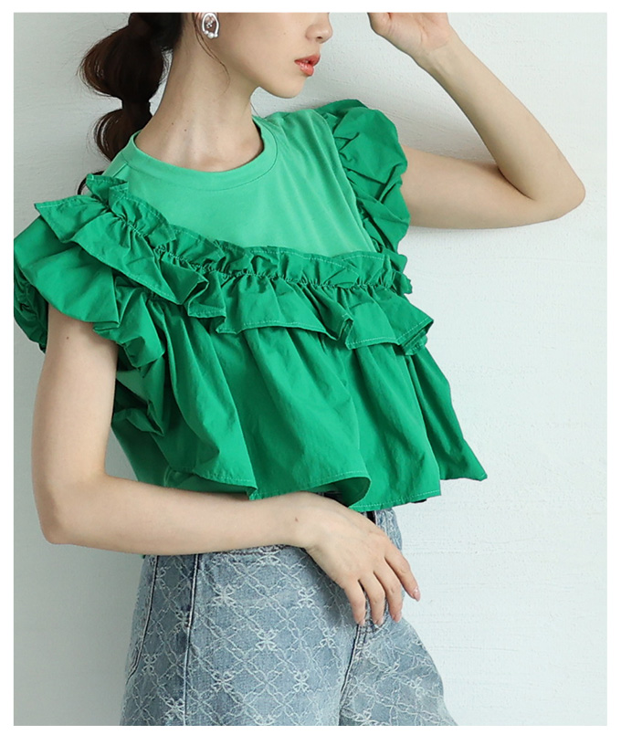 レディース 売れ筋商品|||トップス カットソー 半袖 夏 夏服 ブラック 黒 ホワイト グリーン 緑 フリル アシメ 大人可愛い 大人 可愛い 30代 40代 50代 60代 サワアラモード Sawa a la mode レディース トップス カットソー 半袖 夏 夏服