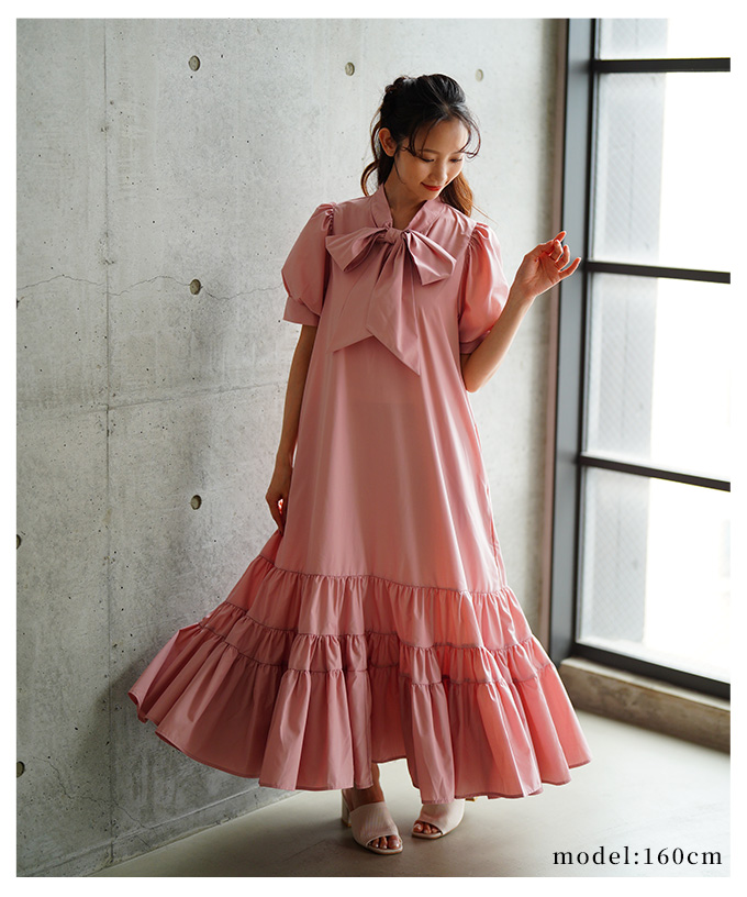 レディース ワンピース ブラック 黒 ピンク ブルー 半袖 パフスリーブ ロング リボン ティアード 夏 大人可愛い きれいめ 30代 40代 50代 女性   イベントセールの画像