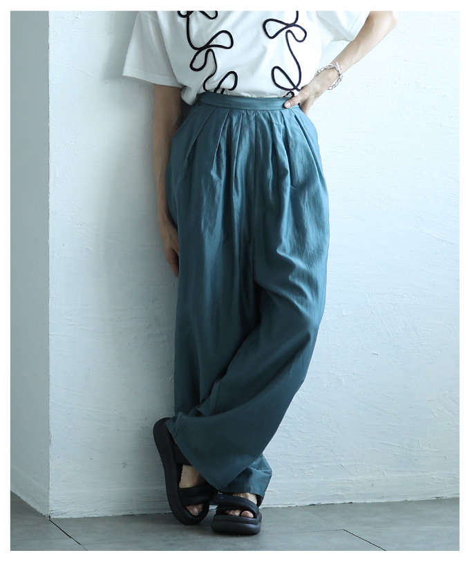 レディース ボトムス パンツ ズボン モカ ブラック ブルー ロング シアー タック ハイウエスト 夏服 大人可愛い きれいめ 30代 40代 50代 女性 サワアラモード_3