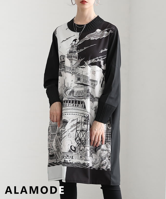 MaxMaraStudio 黒白 チュニック 長袖　L Sawa a la mode（サワアラモード） レディース チュニック プリント