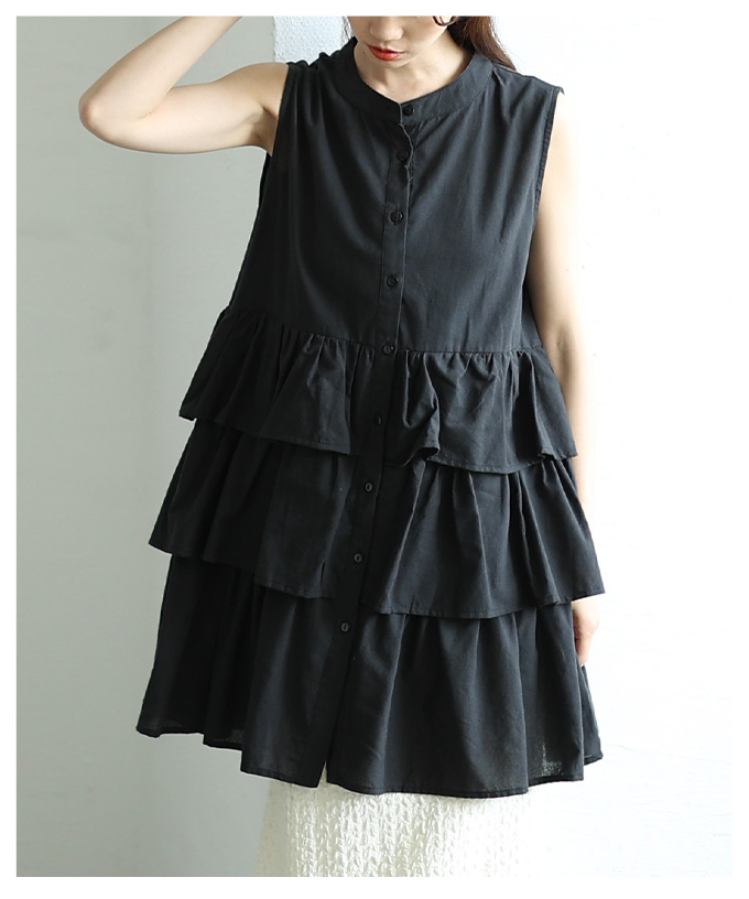 レディース チュニック ティアード フレア ノースリーブ シャツ ボタン 黒 白 テラコッタ 夏 夏服 大人可愛い 大人 可愛い 30代 40代 50代 60代 サワアラモード | Sawa a la mode | 01