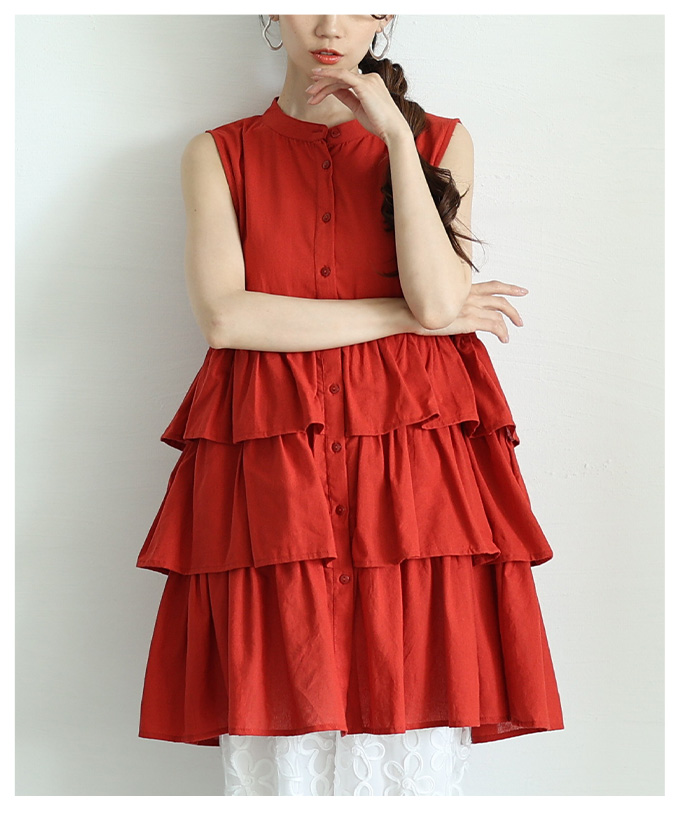 レディース チュニック ティアード フレア ノースリーブ シャツ ボタン 黒 白 テラコッタ 夏 夏服 大人可愛い 大人 可愛い 30代 40代 50代 60代 サワアラモード | Sawa a la mode | 03