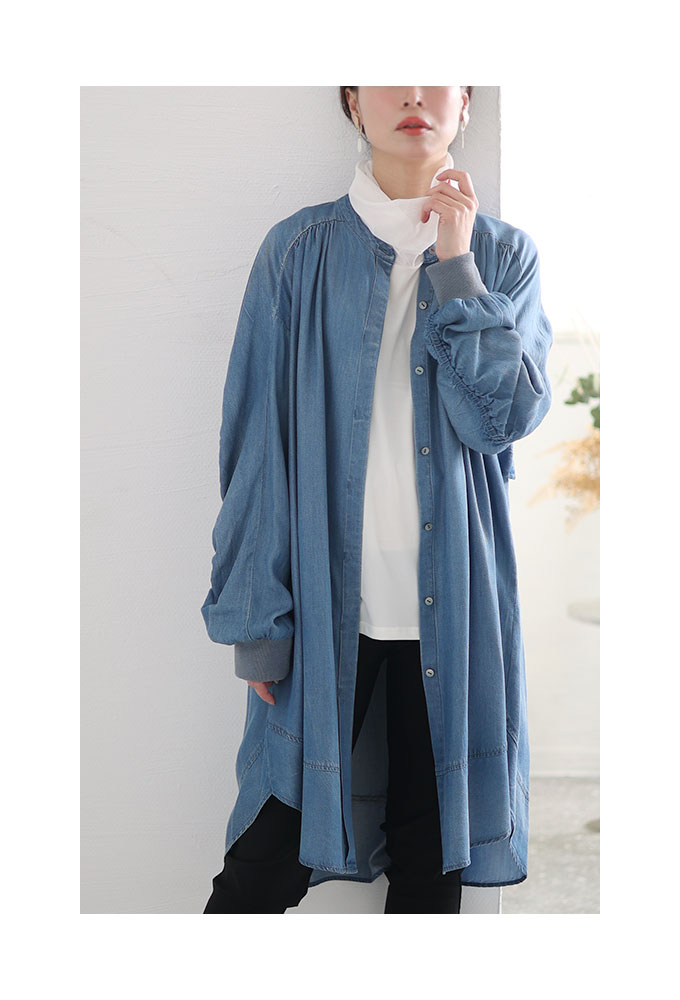 TABASAタバサ】綿100%長袖チュニックシャツ青ブルー ゆったり