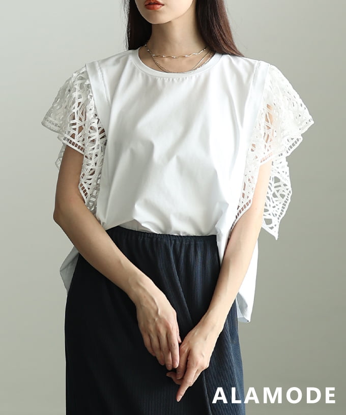 レディース トップス ノースリーブ フリル袖 レーススリーブ 綿100% きれいめ カジュアル 春夏 大人可愛い 大人 可愛い 30代 40代 50代 60代 アラモードの画像