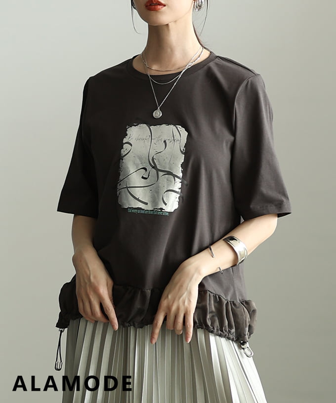 レディース Tシャツ トップス 半袖 ゆったり 体型カバー ドローコード カジュアル 春 夏 春服 夏服 大人可愛い 大人 可愛い 30代 40代 50代 60代 アラモードの画像