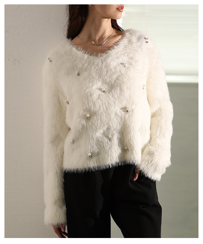 Sawa a la mode（サワアラモード） レディース トップス ニット カーディガン Vネック シャギーニット ふわふわ ビジュー