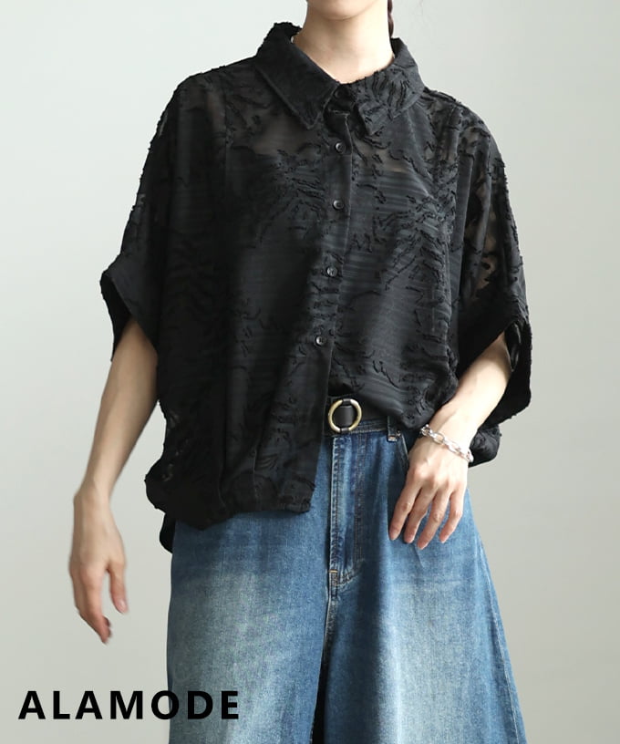 レディース トップス ドルマンスリーブ シアーシャツ 透かし柄 半袖 ゆったり 体型カバー 春 夏 大人可愛い 大人 可愛い 30代 40代 50代 60代 アラモードの画像