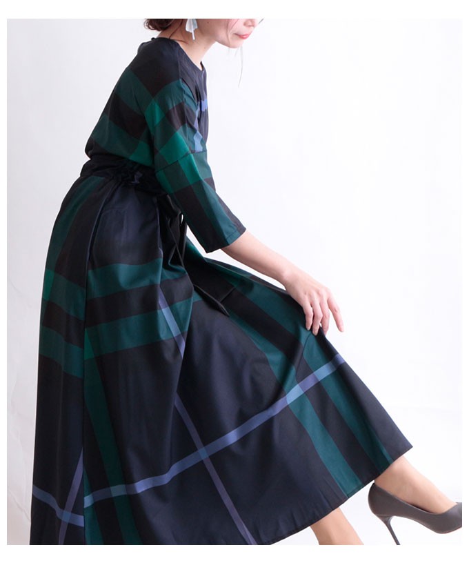 Sawa a la mode ワンピース ネイビー 7分袖 チェック柄 春 秋 Sawa a la mode ワンピース ネイビー 7分袖 チェック柄 春 秋
