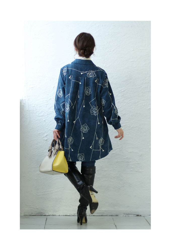 レディース トップス ブラウス シャツ オレンジ 長袖 花柄 刺繍 コーデュロイシャツ 長袖トップス 大人可愛い 大人 可愛い 30代 40代 50代  60代 サワアラモード