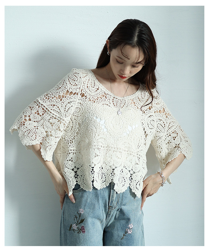 美品 コットンハウスアヤ レース 刺繍 七分袖 コットン シャツ チュニック 黒 送料無料 D58 美品 【4L】 ブラック レースモチーフ シャツ