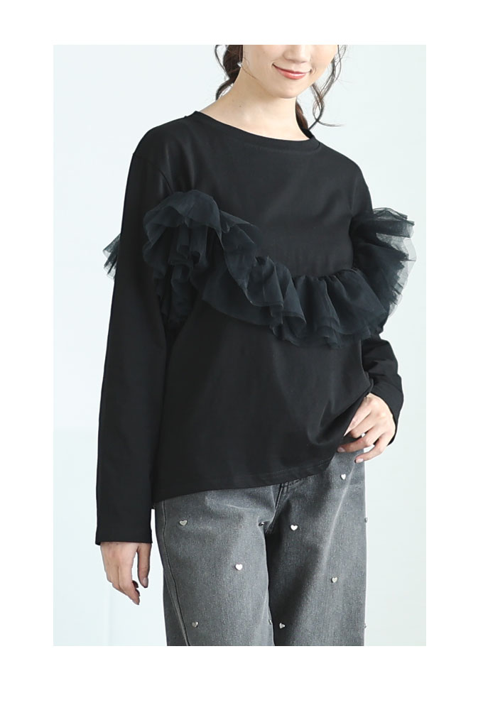 レディース 売れ筋商品|||トップス カットソー Tシャツ 黒 ブラック グレー 長袖 チュール ドッキング 3way 綿 大人可愛い 大人 可愛い 30代 40代 50代 60代 サワアラモード Sawa a la mode レディース トップス カットソー Tシャツ 黒