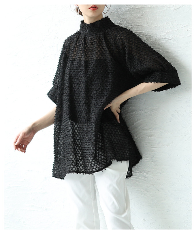 AGA 長袖ハイネックフレアチュニック 9号 Sawa a la mode レディース チュニック メッシュ フリンジ