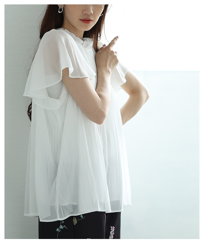 レディース トップス 夏 夏服 ブラウス シャツ 黒 ブラック ホワイト 半袖 フレアスリーブ プリーツ 大人可愛い きれいめ 30代 40代 50代 女性 サワアラモードの画像
