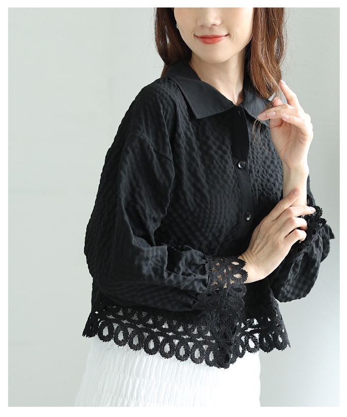 【美品 フラメンコ衣装】ブラック leirena トップス ブラウス 黒 長袖 Mサイズ・Lサイズ】 総レースパフスリーブトップス【フラメンコ