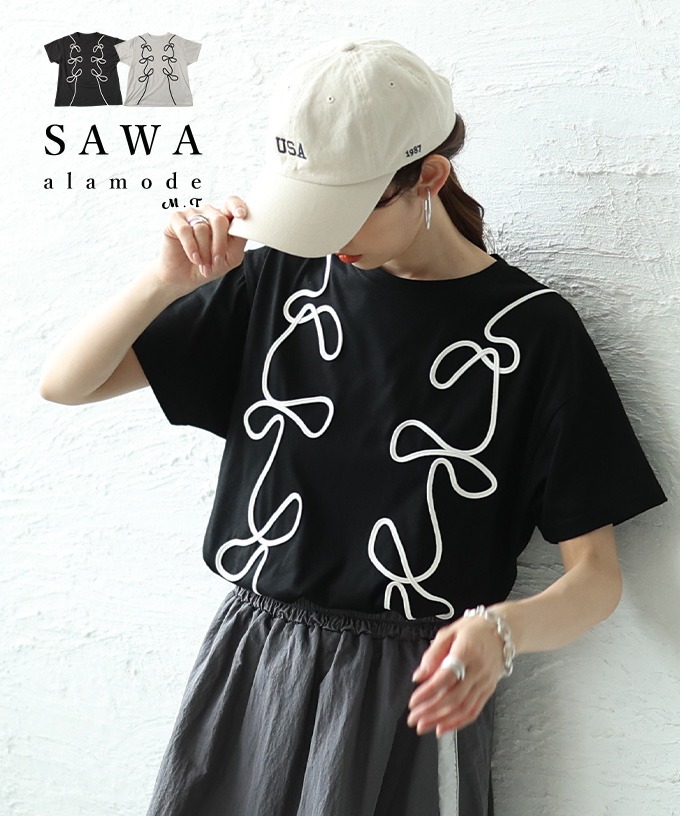 レディース 売れ筋商品|||トップス カットソー Tシャツ コード刺繍 リボン 配色 半袖 ブラック オフホワイト 夏 大人可愛い 大人 可愛い 30代 40代 50代 60代 サワアラモード Sawa a la mode レディース トップス カットソー Tシャツ コード