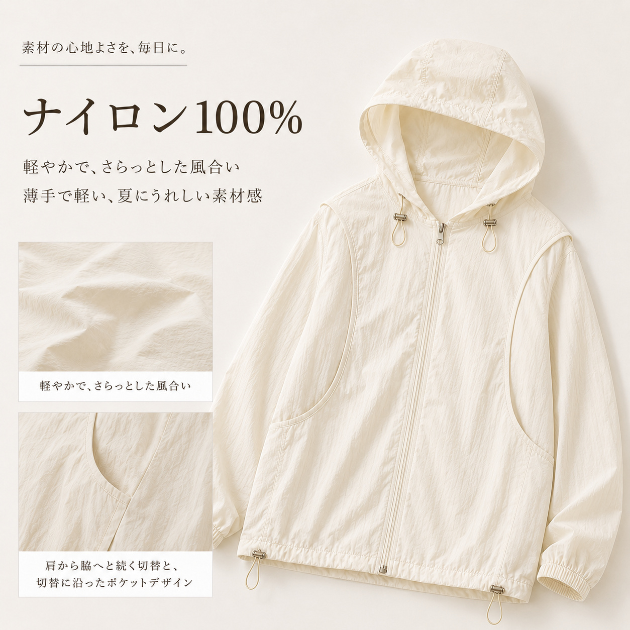 ナイロン100パーセント 薄手で軽くさらっとした夏向け素材