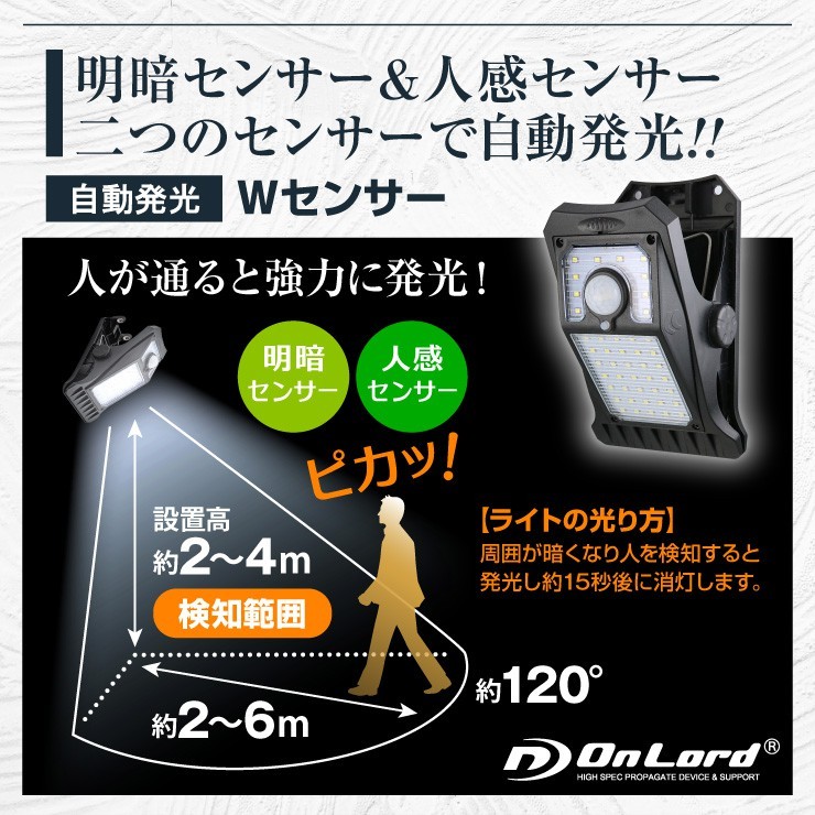 オンロード(OnLord) ソーラー充電式 クリップ型センサーライト LED 人感センサー 自動発光 防水 OL-336B